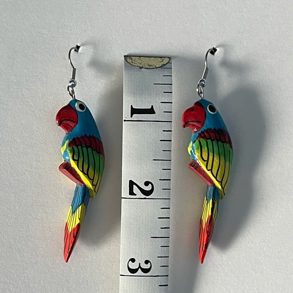 Vibrant Hand Painted Wooden Parrot Earrings - Picture 4 of 6